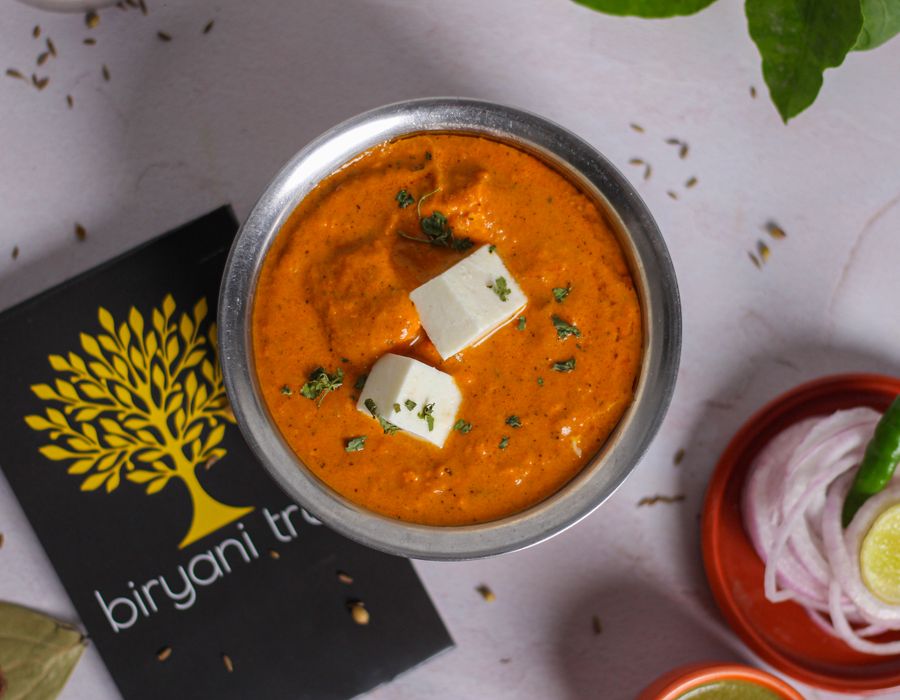 Paneer butter masala in a bowl